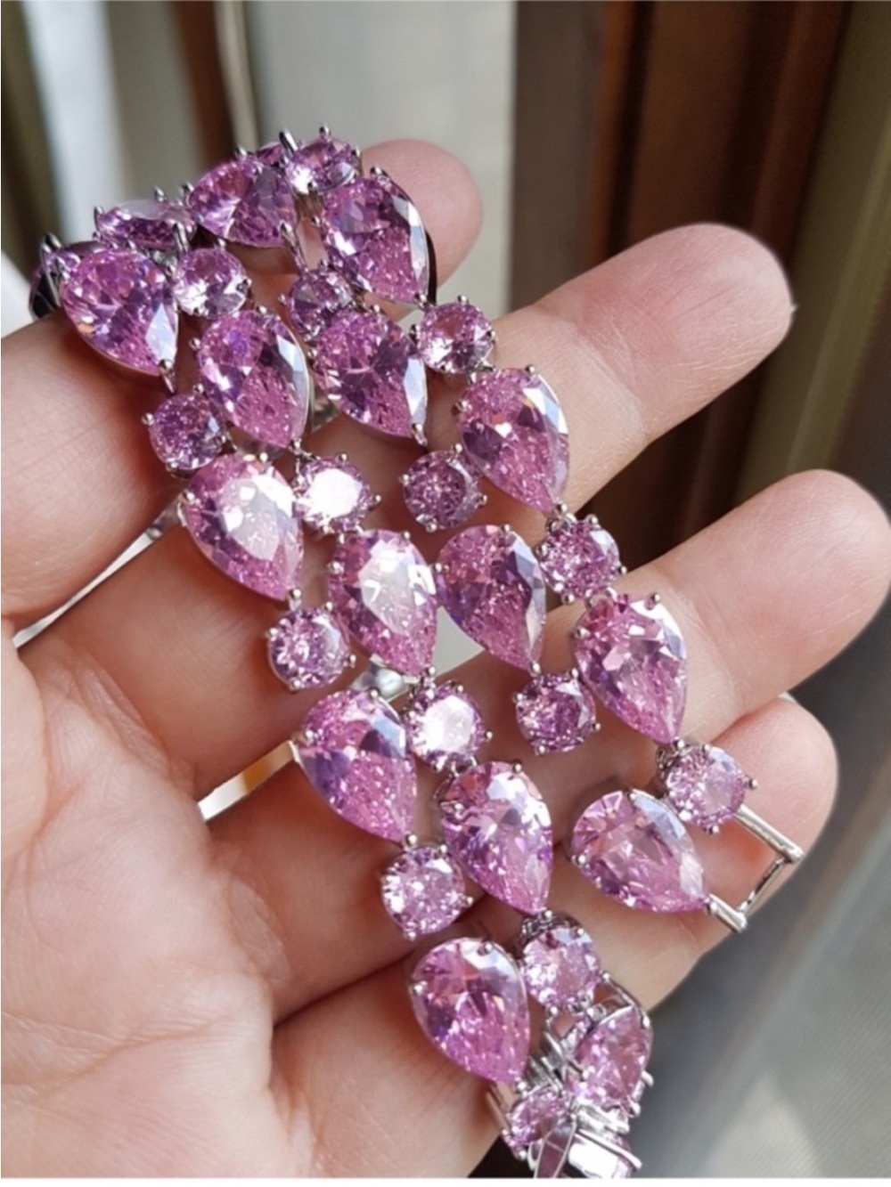 Swarovski Elements Pink Teardrop & Round Gemstone Statement Necklace & Studs NEW - Picture 9 of 17